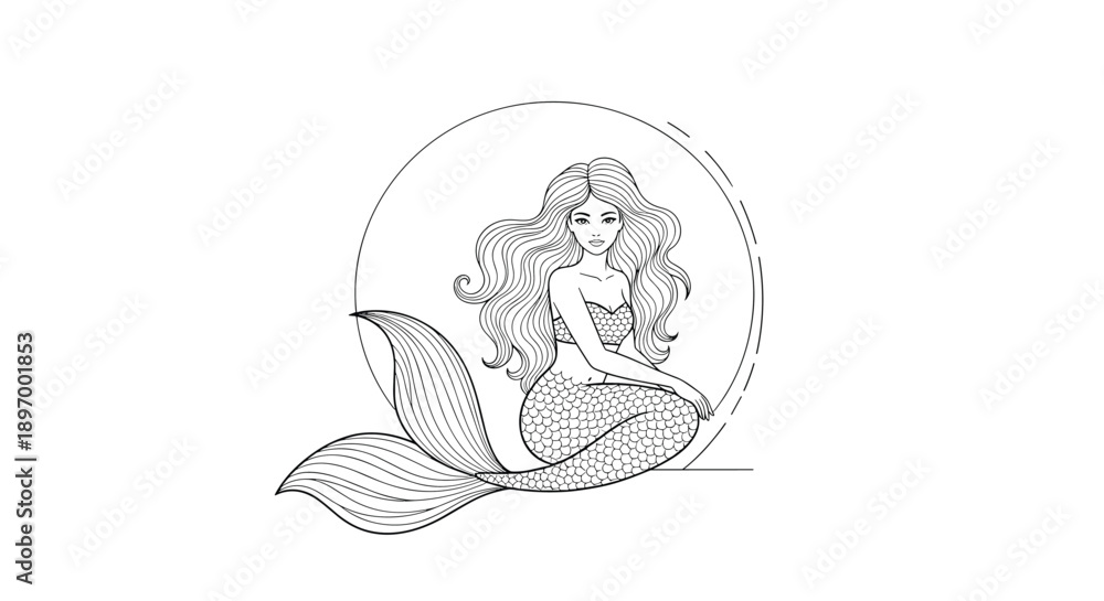 Fototapeta premium A beautiful and delicate hand-drawn illustration of a sitting mermaid with long, wavy hair, inside a circular frame.