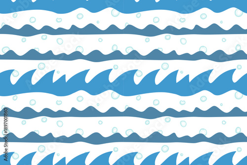 Absrtact Tropical sea wave,ocean seamless pattern.Mediterranean summer background. Hawaii marine folk art.Cute hand drawn illustration for seasonal design, surface,wallpaper,banner,holiday deco,fabric