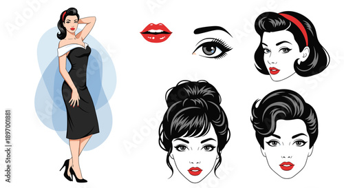 A beautiful retro pin-up woman in a black dress, with a set of different hairstyles, an eye, and lips for customization.