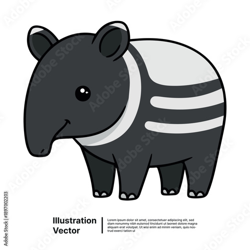 A cartoon tapir stands facing left, showcasing its simple design and striped pattern in a clean vector illustration.