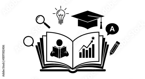 Open book with educational icons and symbols symbolizing knowledge.