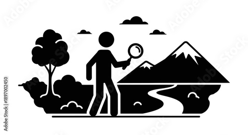 Person exploring nature with a magnifying glass.
