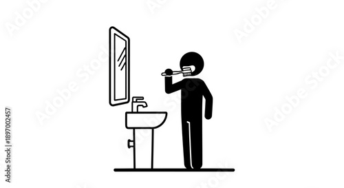 Person brushing teeth in front of bathroom mirror.