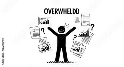 Person overwhelmed by work and charts.