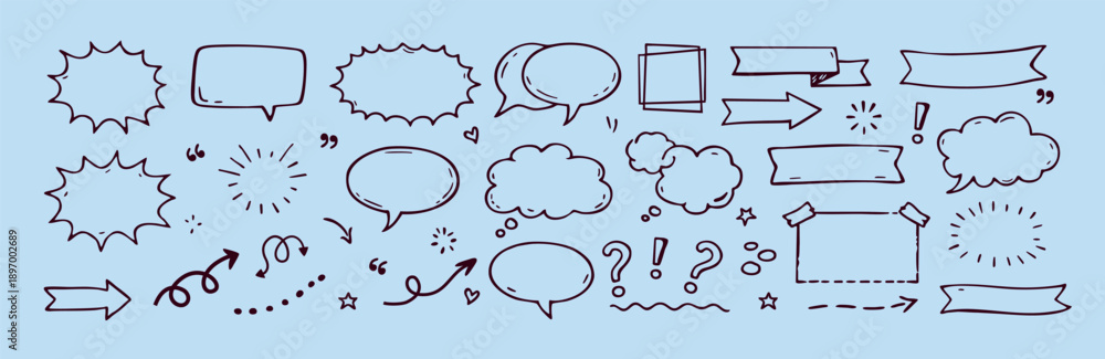Fototapeta premium Hand drawn doodle speech bubbles, banners, arrows and decorative elements set. Sketch cartoon callouts and symbols for comics, social media, notes, presentations and creative design.
