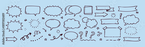 Hand drawn doodle speech bubbles, banners, arrows and decorative elements set. Sketch cartoon callouts and symbols for comics, social media, notes, presentations and creative design.