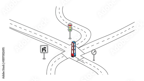 Road Intersection: A stylized illustration presents a complex road intersection with multiple lanes, traffic signals, and road signs, emphasizing urban traffic management.