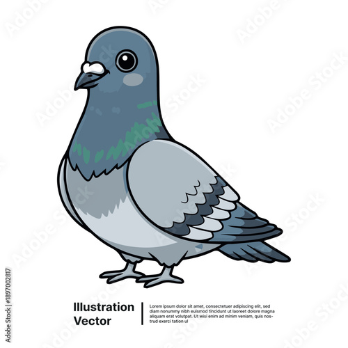 A cartoon pigeon stands on ground viewed from side with simple design and clean lines illustration