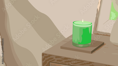 Flat vector illustration of a green candle on a bedside table with a mirror with relaxation and calm and soothing and ambiance and decorative