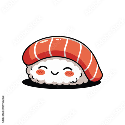Cute cartoon salmon nigiri sushi character with happy face.