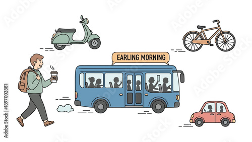 Morning Commute: Illustration of diverse modes of transport, including bus, scooter, bicycle, car, and person walking with a coffee