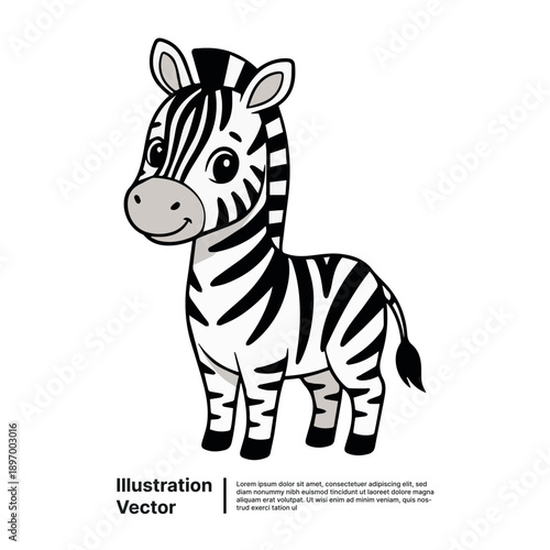 A cartoon zebra standing with a friendly gaze illustration for children from a front viewpoint