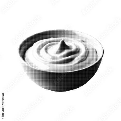 Bowl of creamy sauce with smooth swirl in halftone style isolated on white background