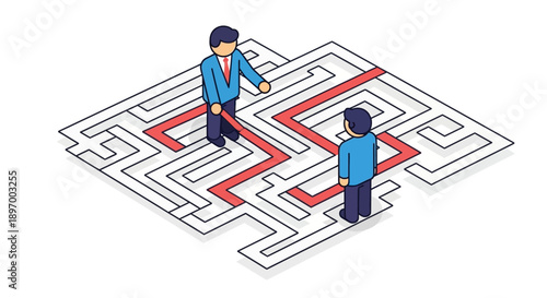 Business Guide Showing the Solution Path in a Maze. Isometric concept of mentorship, strategy, and successful problem-solving direction.