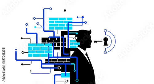 Digital Firewall Security Concept: Businessman Silhouette, Key Access, and Cyber Protection Layers Vector Illustration