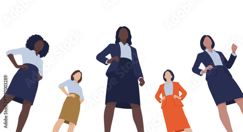 Diverse Team of Powerful Businesswomen Vector Illustration. Low-Angle View of Successful Female Leaders and Corporate Executives on White.