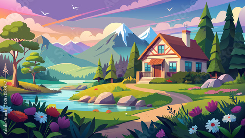 Very beautiful picturesque landscape of a charming house beside a calm lake, surrounded by lush gardens in full bloom and distant mountains under soft natural light.