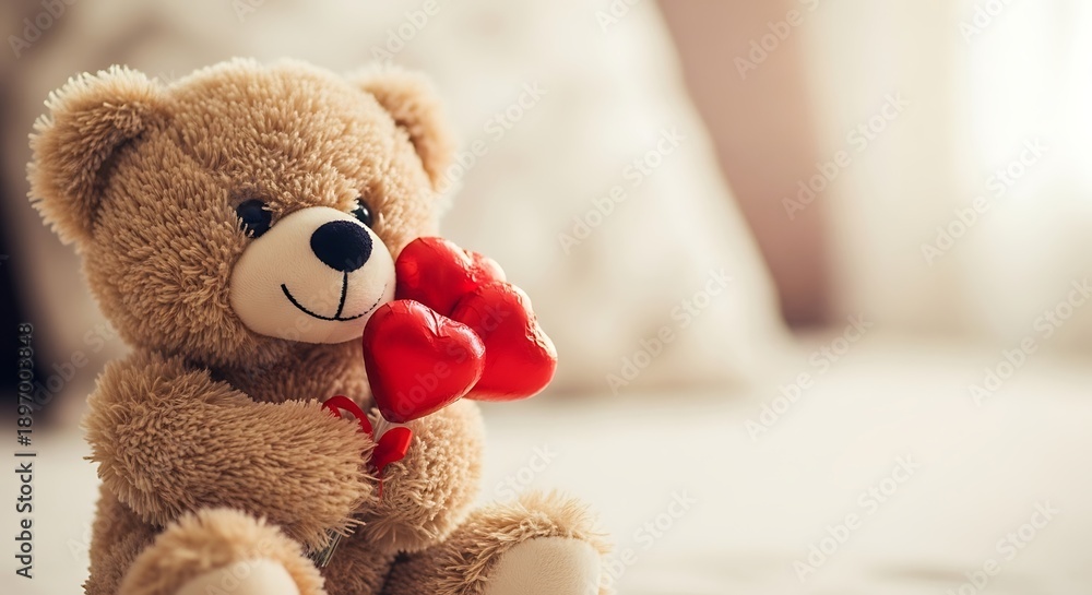 Fototapeta premium Cuddly teddy bear holding red heart on valentine's day with soft focus background and warm lighting