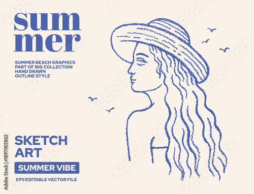 Woman in beach hat. Summer girl travel. Sea vacation illustration. Mediterranean sea poster with woman back silhouette in vintage hat on summer beach bg. Vector retro lady. Sun Italian Amalfi doodle