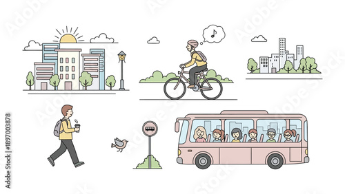 Urban Life's Symphony: A collection of illustrations depicting city life, from daily commute on bicycle to morning coffee. Capturing the simplicity and bustle of a typical day.