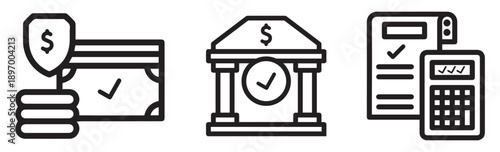 Finance and payment icons set. Pay slip, calculator, online payment, transaction, shield, vector.
