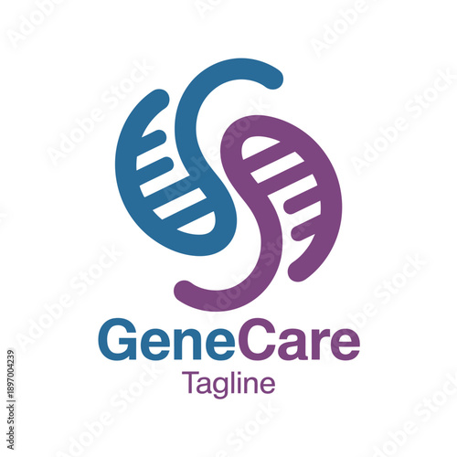 Minimalist medical with intertwined blue and purple hands and D N A strand