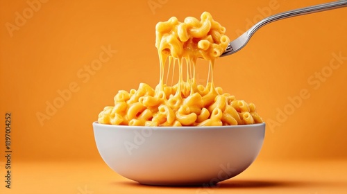 Delicious macaroni and cheese with stretchy cheese being lifted by a fork