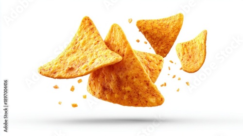 Crispy corn tortilla chips with seasoning falling in motion against a white background