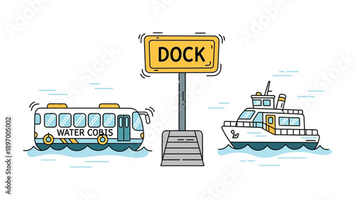 Water Coals Dock and Ferry Boat: An illustration featuring a whimsical dock sign, a water coach, and a ferry boat on the water, all rendered in a charming style.