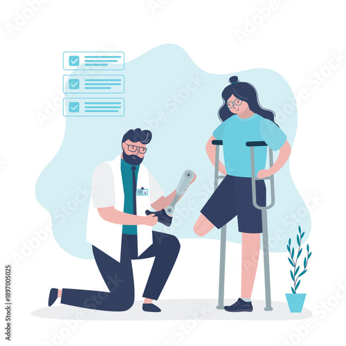 Doctor traumatologist give female character new prosthetic leg. Person wearing  prosthesis. Doctor orthopedist and handicapped person, strong woman with artificial limb.