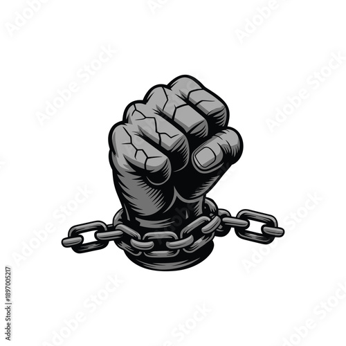 Fist breaking chains symbolizing freedom and strength.