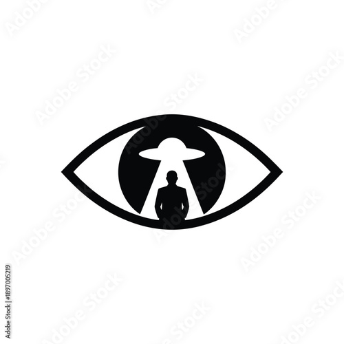 Alien abduction concept inside human eye silhouette.