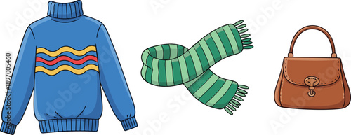 Winter fashion accessories set with sweater, scarf, handbag, clothing illustration, casual style, wardrobe elements, vector collection, isolated design.eps