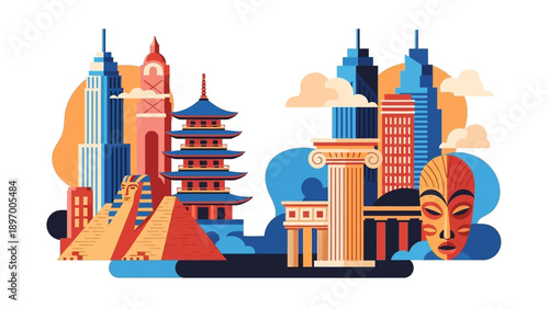 Cityscape with Cultural Landmarks and Architecture.