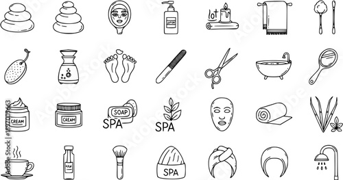 Black  White Hand-drawn Line Art Doodle Icons Collection for Spa, Beauty, Wellness, and Self-care Industry Elements