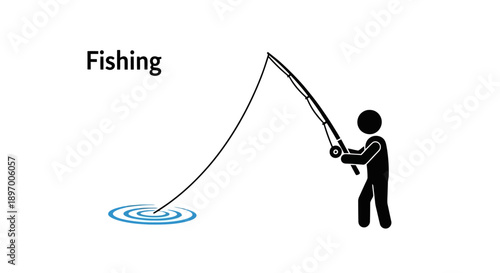 Stick figure person fishing with a rod and reel on white background.