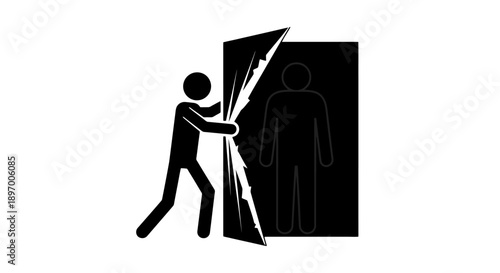 Stick figure person tearing open a black curtain revealing another silhouette.