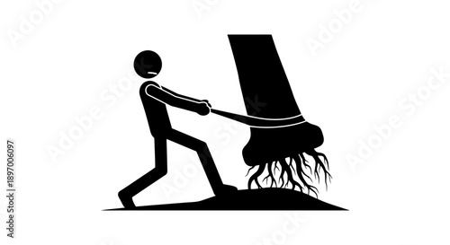 Stick figure pulling a large tree root with great effort.