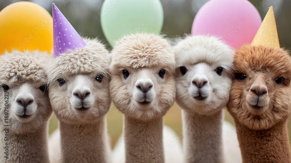 Fototapeta premium Five fluffy alpacas wearing party hats celebrate a special occasion together
