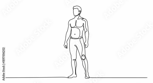 Single line drawing of a muscular man standing confidently.