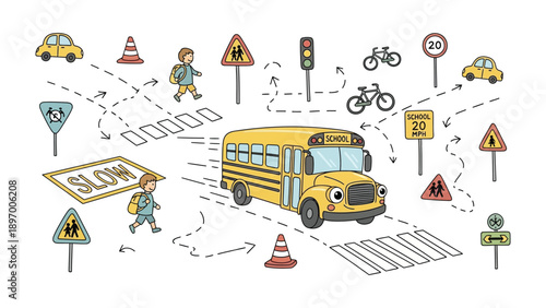 School Bus Safety: A vibrant illustration showcasing a school bus amidst various road signs, vehicles and students, all promoting essential safety guidelines.