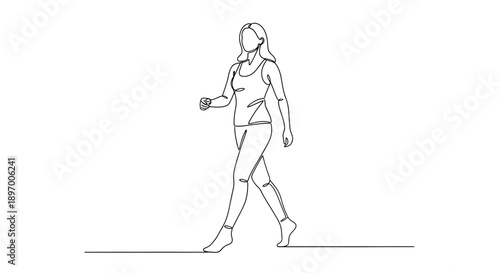 Single line drawing of a woman walking in athletic wear.