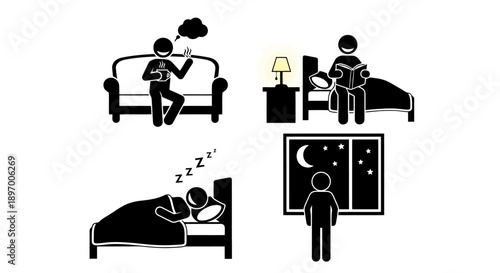 Stick figure daily routine activities and nighttime relaxation.
