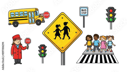 School Zone Safety: Illustrative elements depicting the various components of a school zone, including a yellow school bus, traffic signals, crosswalk, bus stop signs, a crossing guard and children.