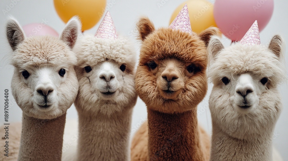 Fototapeta premium Four adorable alpacas wearing party hats celebrate a special occasion with balloons