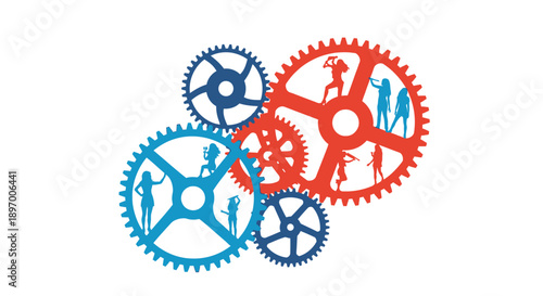 Women Teamwork Mechanism: Interlocking Gears with Female Silhouettes. Business Process and Collaboration Vector Illustration.