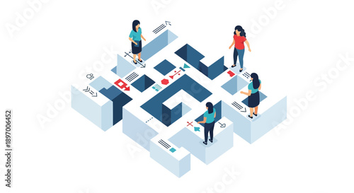 Isometric Business Maze Navigation: Women solving complex problems, strategy, finding a solution path, decision making, challenge, and workflow optimization.