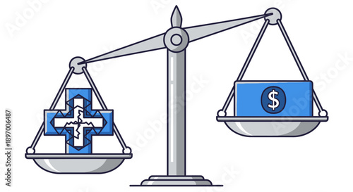 Healthcare Cost Crisis: Medical Cross and Money Dollar Sign on a Balance Scale Showing Financial Burden Outweighing Patient Health and Affordability.