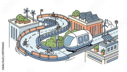 Urban Transport of Tomorrow: An illustration portrays a futuristic urban landscape, featuring a modern transport system that seamlessly integrates various modes of sustainable transit. 
