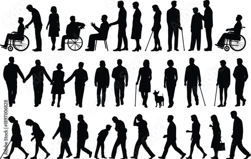 human life cycle silhouette set, people aging stages collection, family generation figures, elderly disability wheelchair cane walking vector illustration